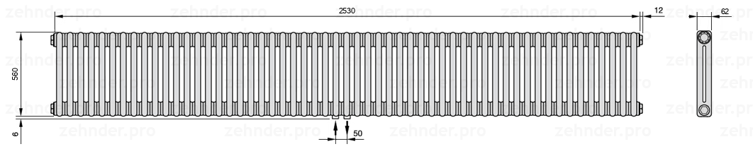 Схема (чертеж) Радиатор Zehnder Charleston 2056/55 №3470 Белый глянцевый RAL 9016